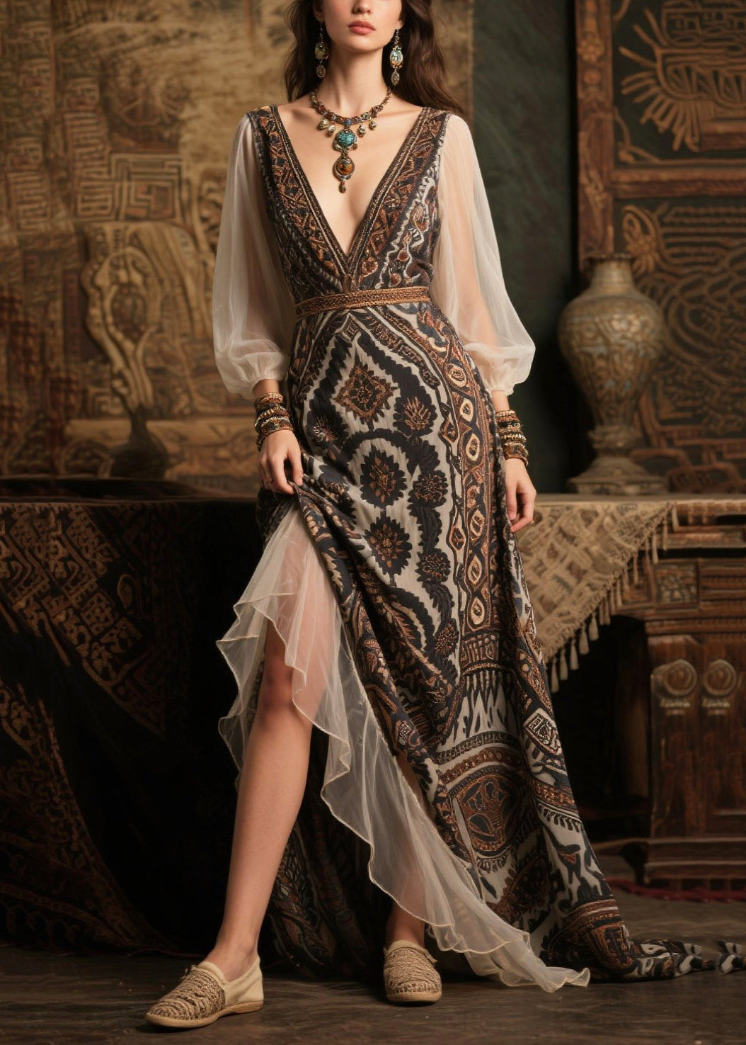 Italian Black V Neck Patchwork Chiffon Long Dress Summer