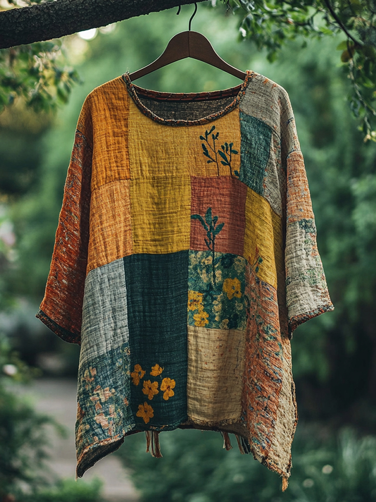 Vintage Color Block Floral Loose Linen Blend T-shirt