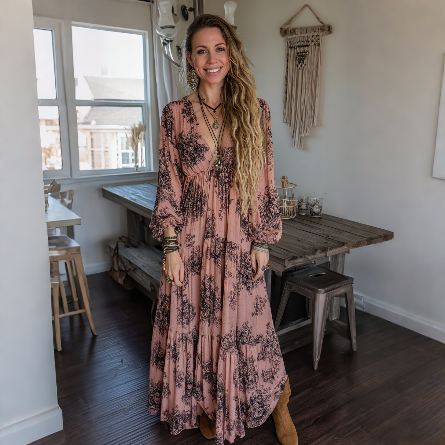 Elegant European Retro Print Long-sleeved Dress