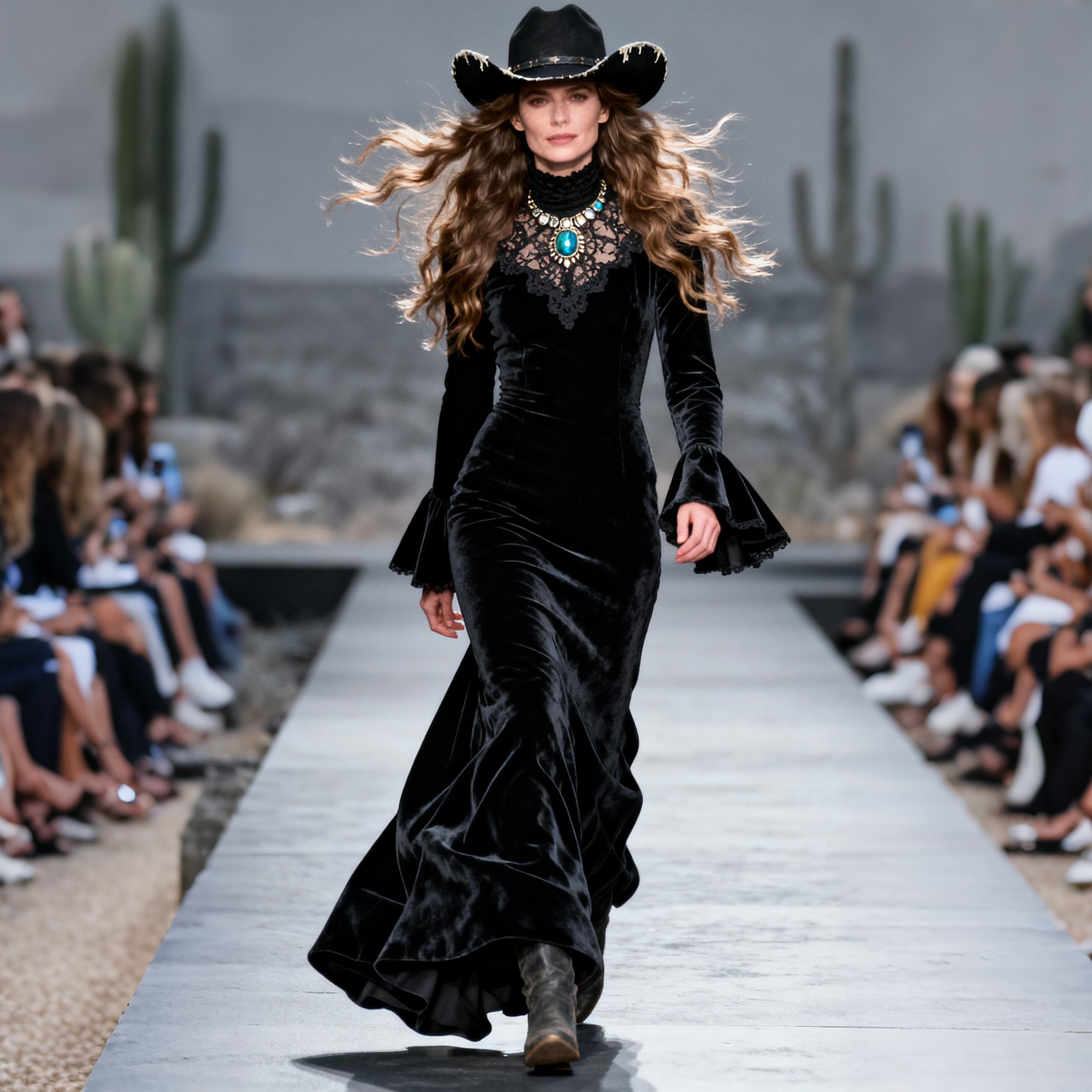 Women's Retro High Neck Lace Splicing Trumpet Sleeve Long Dress