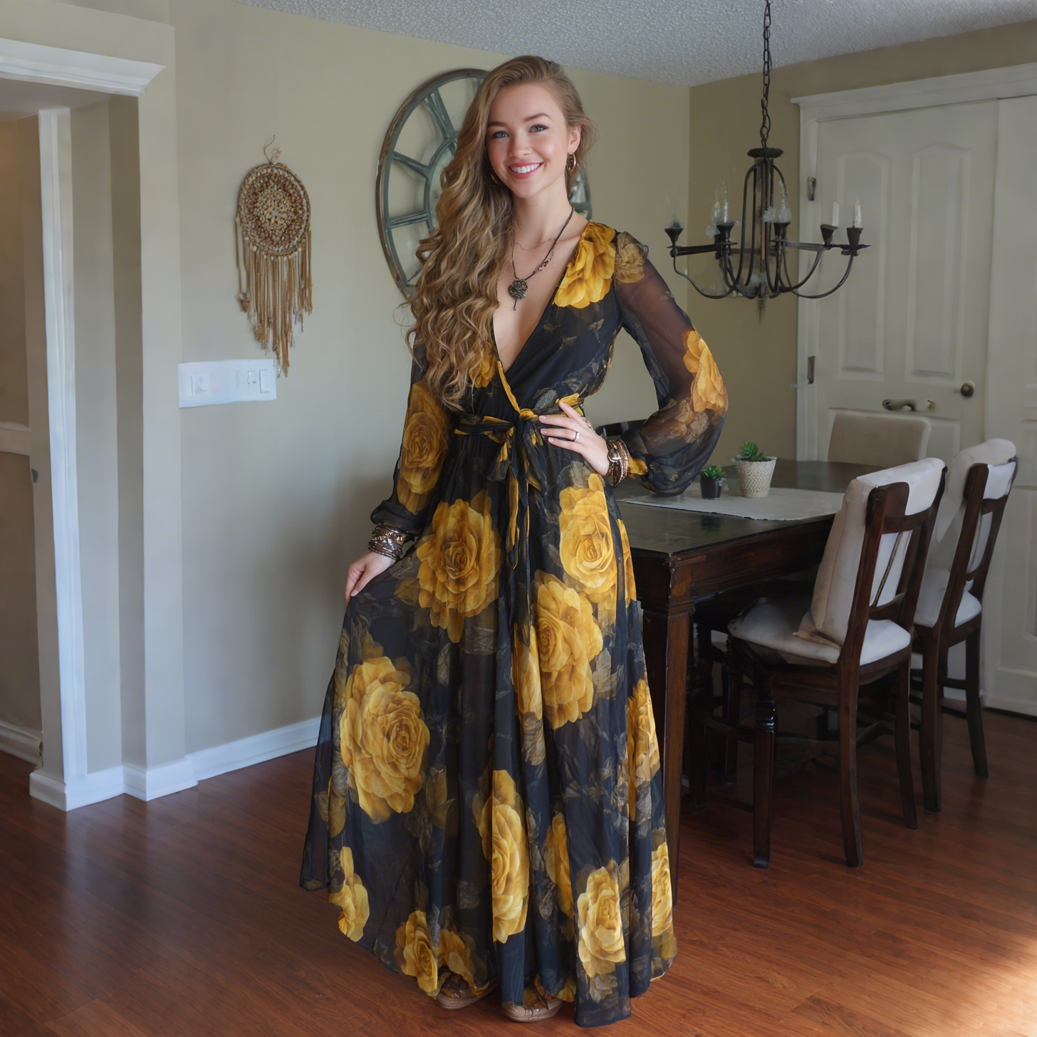 Elegant Rose Print Long Sleeve Maxi Dress