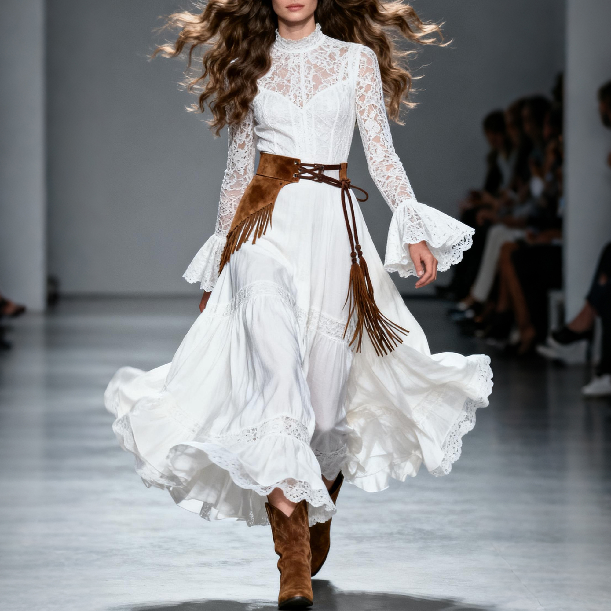 Women's Retro High Neck Trumpet Sleeve Long Lace Dress