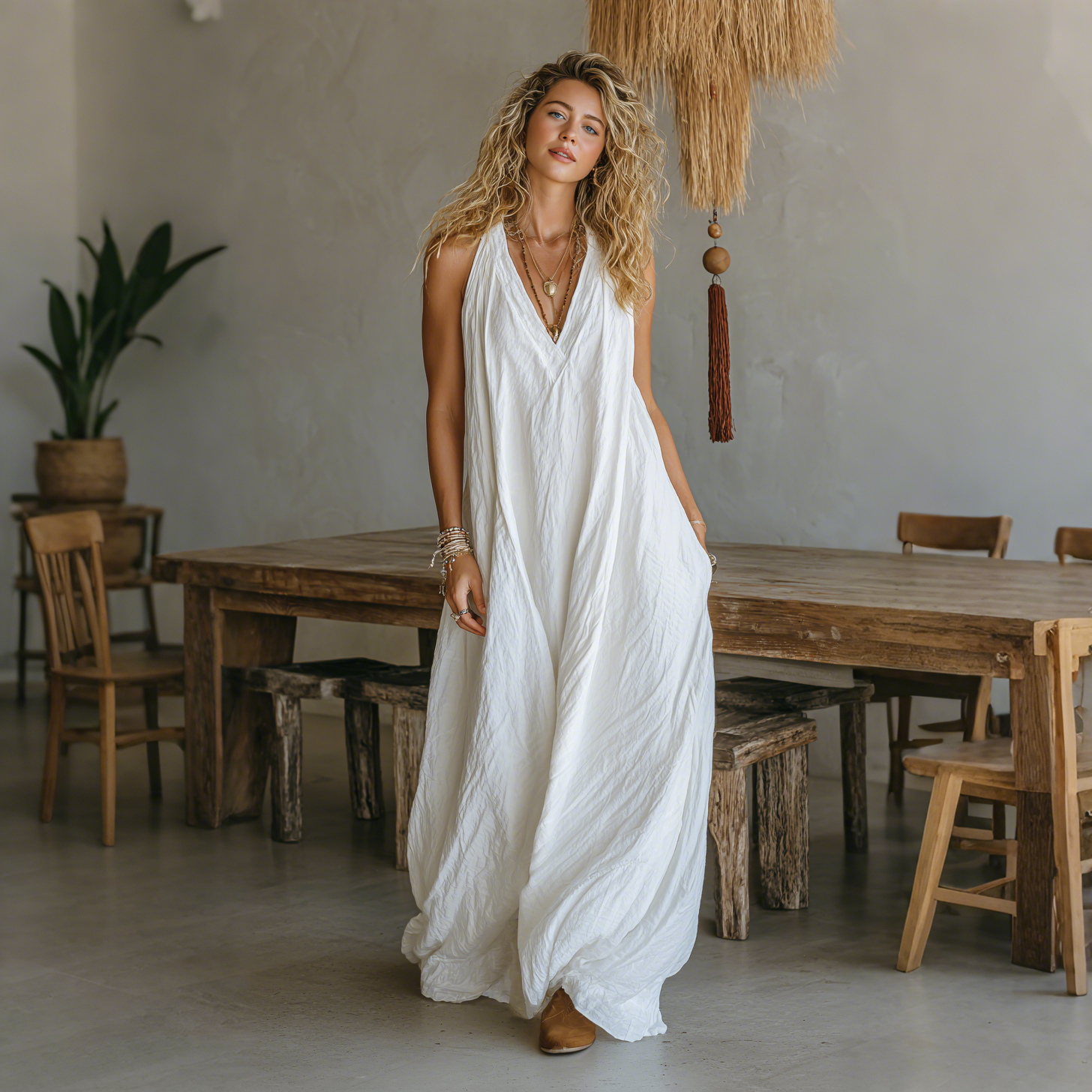 Retro Casual Loose Cotton And Linen Suspender Long Skirt Fashionable Large Silhouette Suspender Dress Home Comfortable L