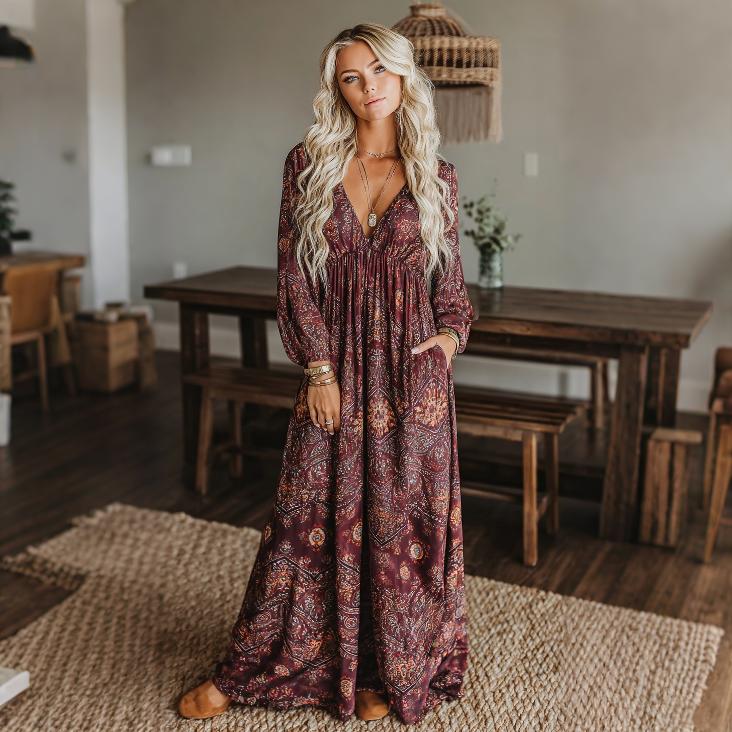 Elegant Paisley Print Long Sleeve Dress