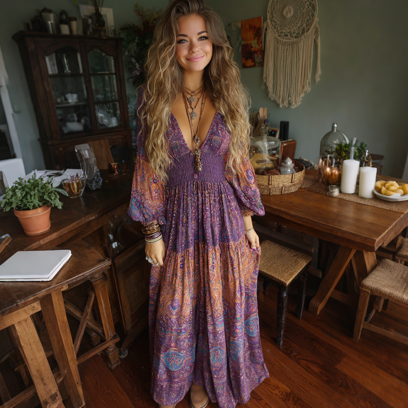 Elegant Paisley Print Long Sleeve Maxi Dress