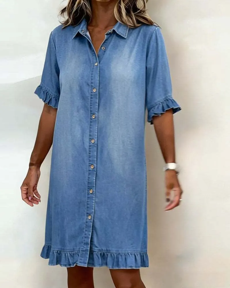 Women's ruffle-sleeve faux denim dress in white, side view showing ruffle detail