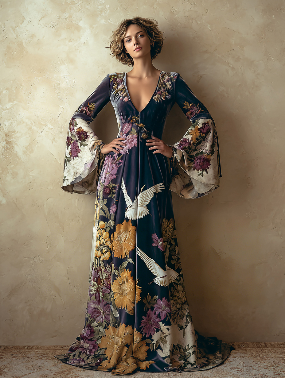 Women's Elegant Vintage Crane Art Print Dress