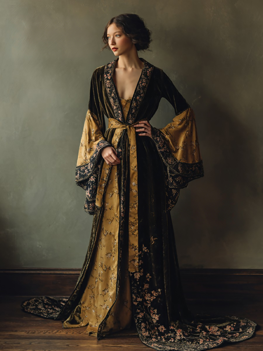 Elegant autumn/winter vintage floral style velvet robe (with belt)