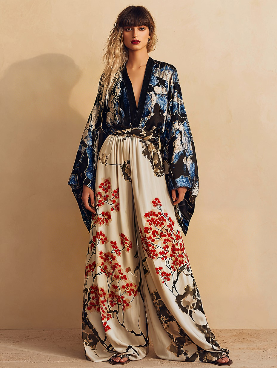 Women's Elegant And Elegant Loose Blue Kimono Top Loose Pants Set