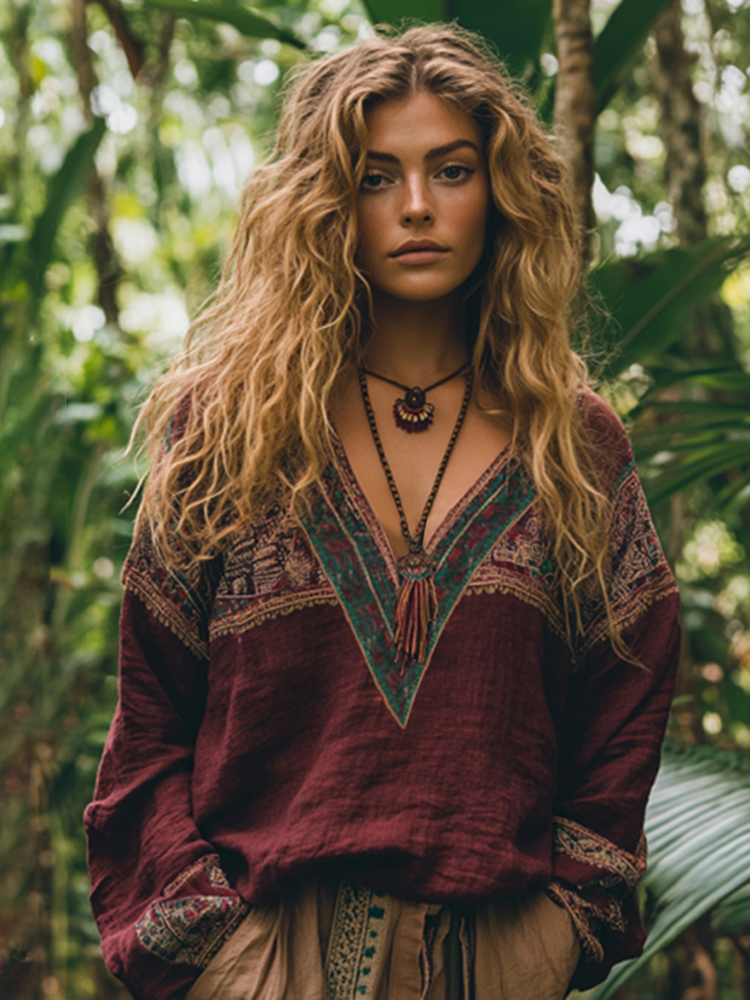 Retro Boho Tribal Embroidery Print Cotton And Linen Blend Loose Blouse