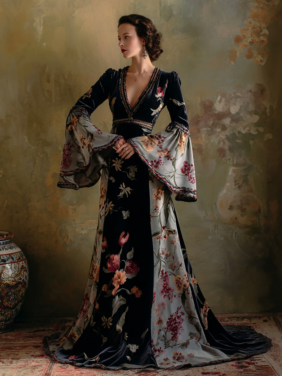 Artistic women's velvet V-neck bell sleeve dress