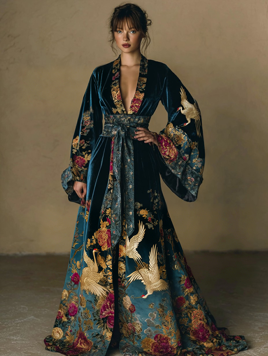 Women's Elegant Vintage Crane Art Print Robe