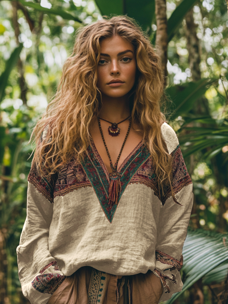 Retro Boho Tribal Embroidery Print Cotton And Linen Blend Loose Blouse