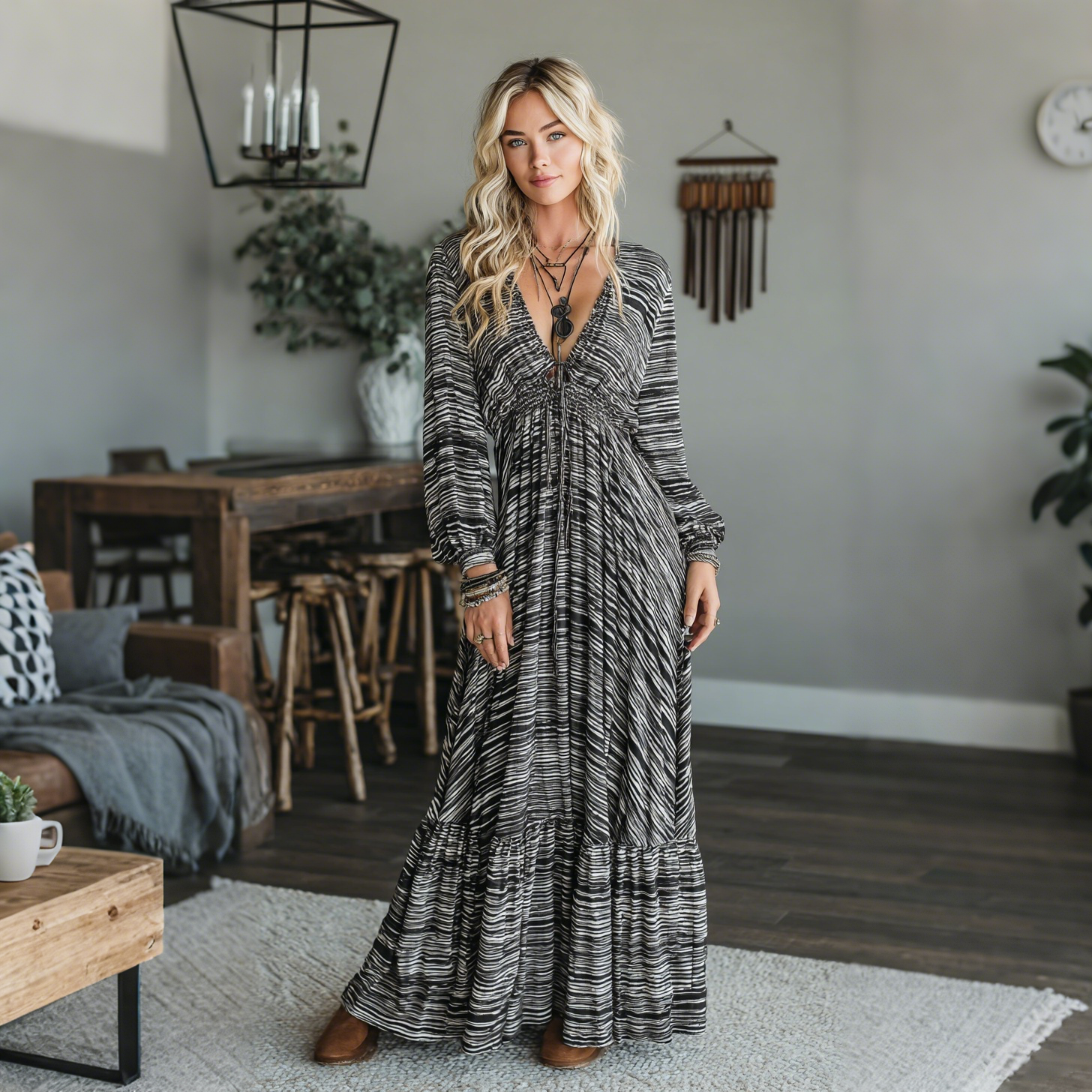 Elegant Striped Print Long-sleeved Dress