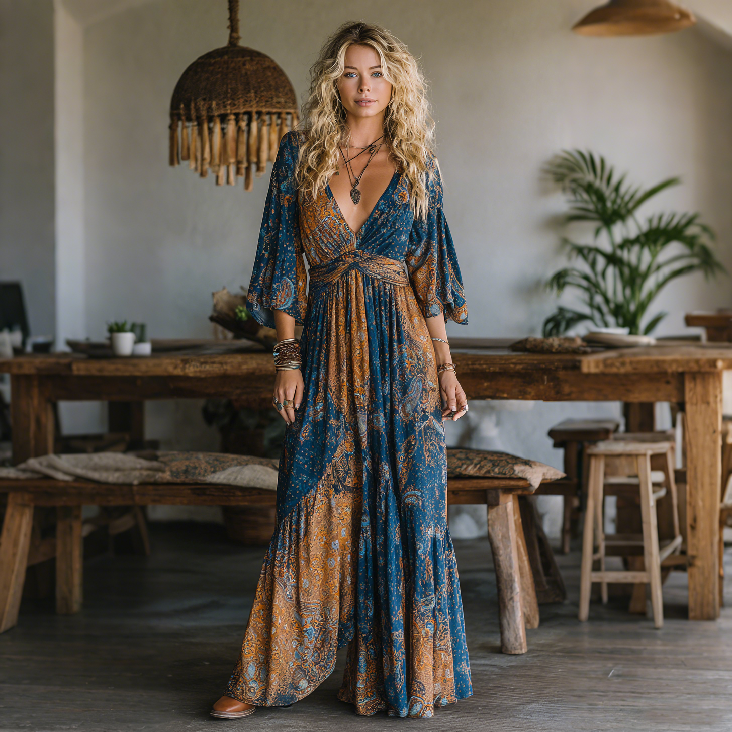 Elegant Paisley Print Long Sleeve Maxi Dress