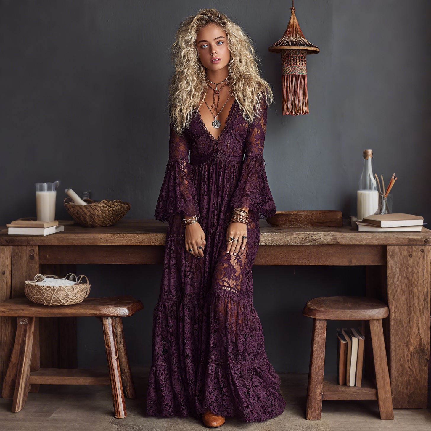 Elegant V-neck High Waist Lace Flared Long Sleeve Dress