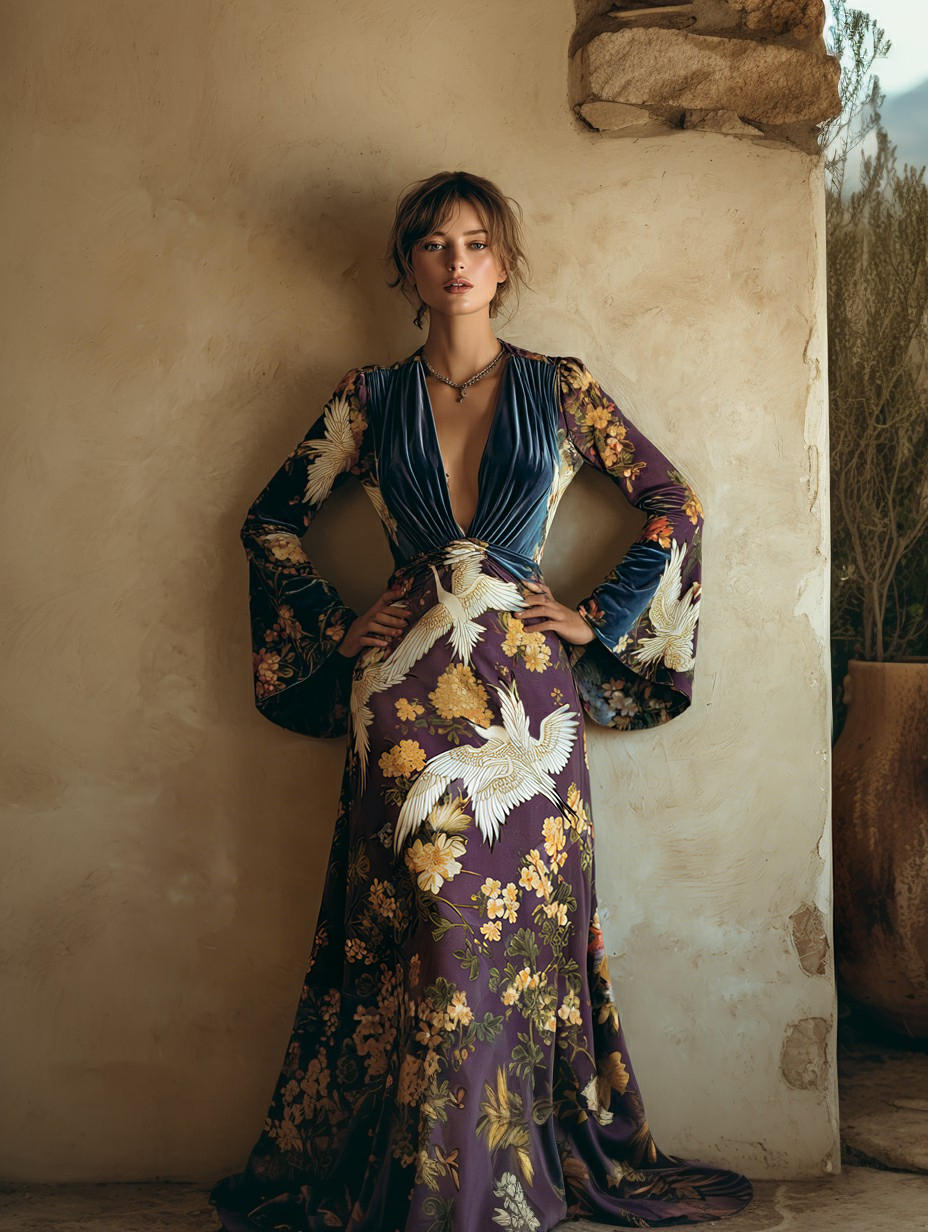 Velvet Wrap Maxi Dress - Women's Figure-Hugging Long Dress with Deep V-Neck, Formal Dinner Dress, Holiday Party Gown, Stretchy Velvet Evening Dress, Curve-Enhancing Design