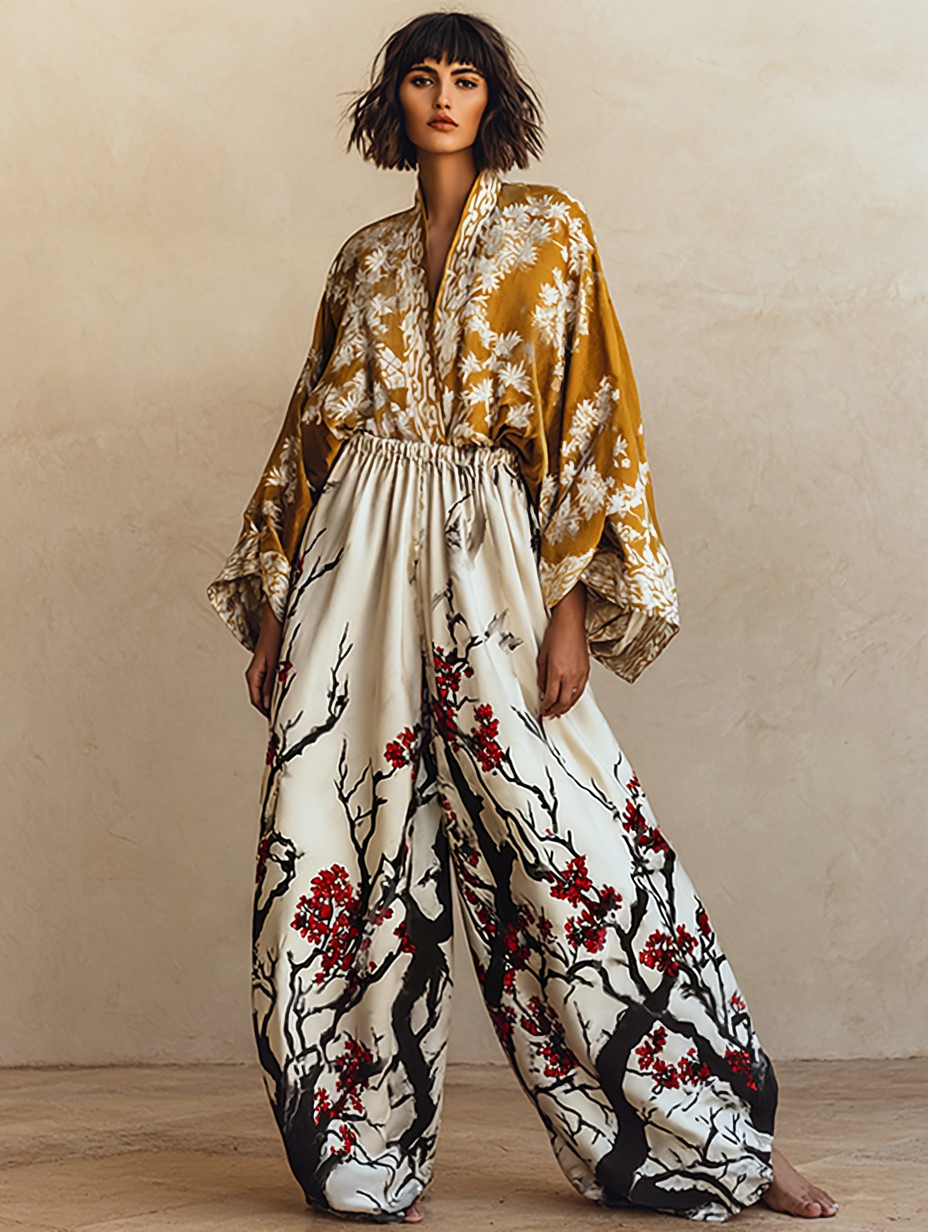 Women's Elegant And Elegant Loose Yellow Kimono Top Loose Pants Set