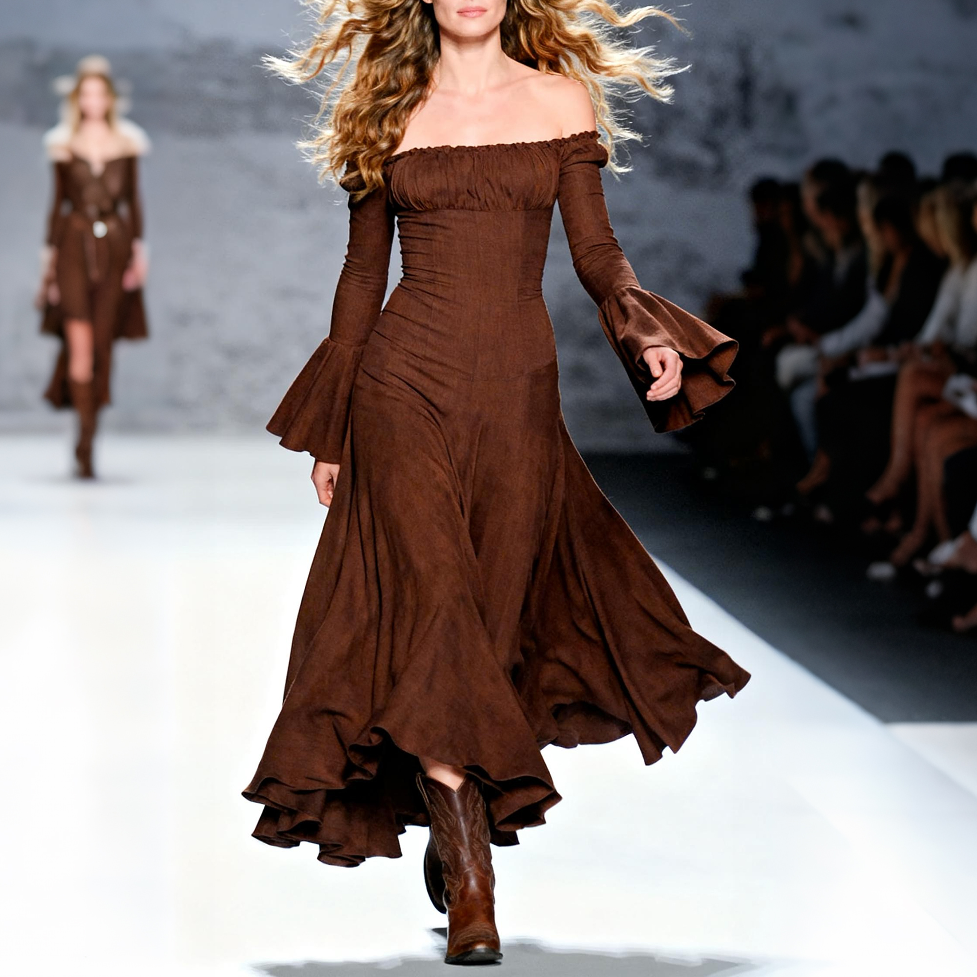 Women's Retro One-Shoulder Trumpet Sleeve Long Dress