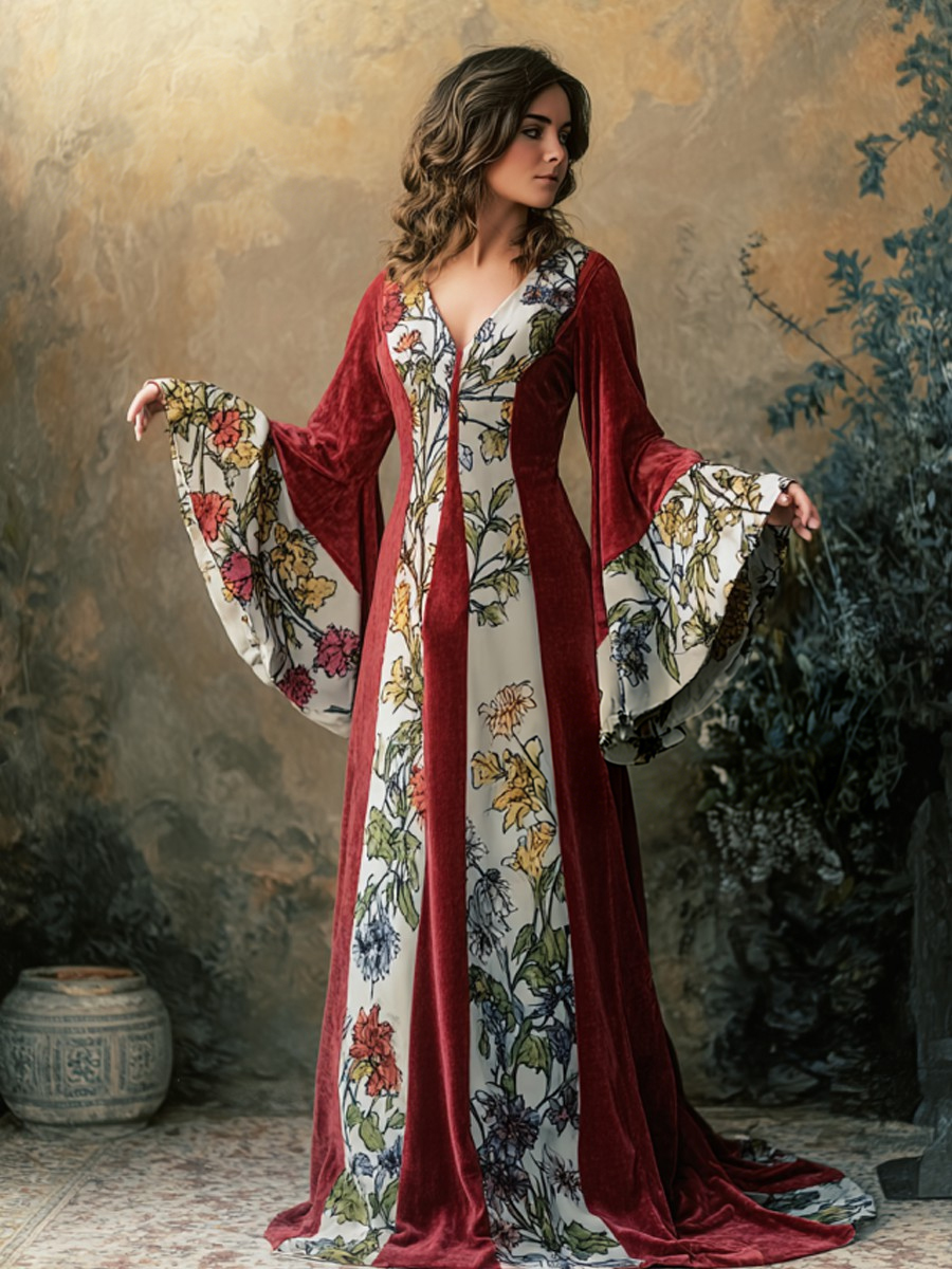 Artistic women's velvet V-neck bell sleeve dress
