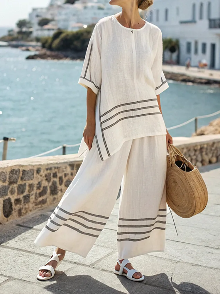 Simple Striped Linen Blend T-shirt Two Piece Set