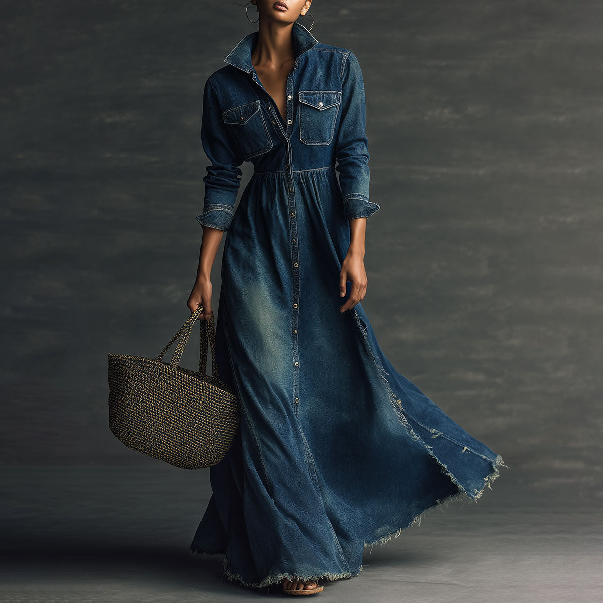 Stylish Stand Collar Washed Raw Hem Maxi Dress