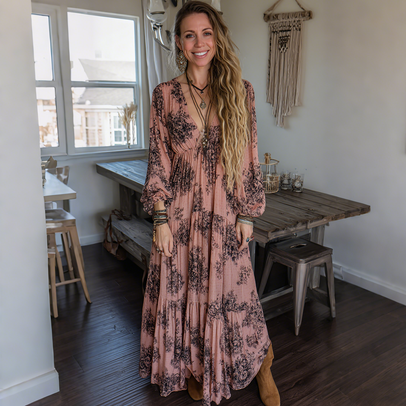 Elegant European Retro Print Long-sleeved Dress