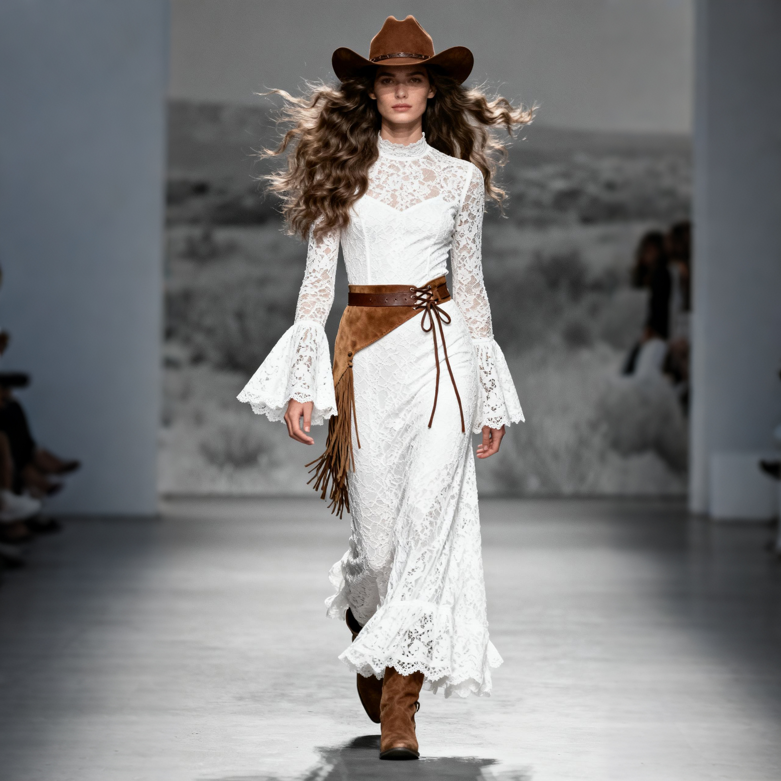 Women's Retro Square Neck Lace-Up Trumpet Sleeve Long Lace Dress