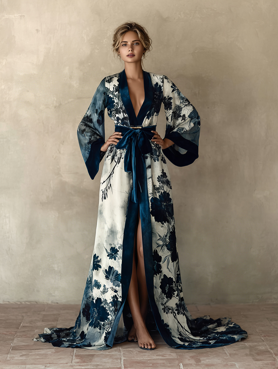 Women's Elegant Vintage Flower Art Print Robe