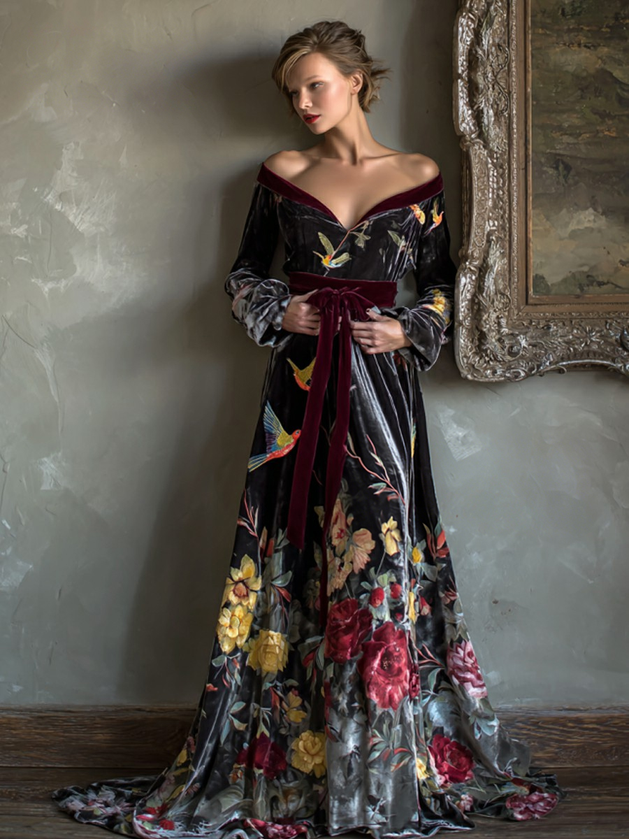 Elegant autumn/winter vintage floral style velvet robe (with belt)