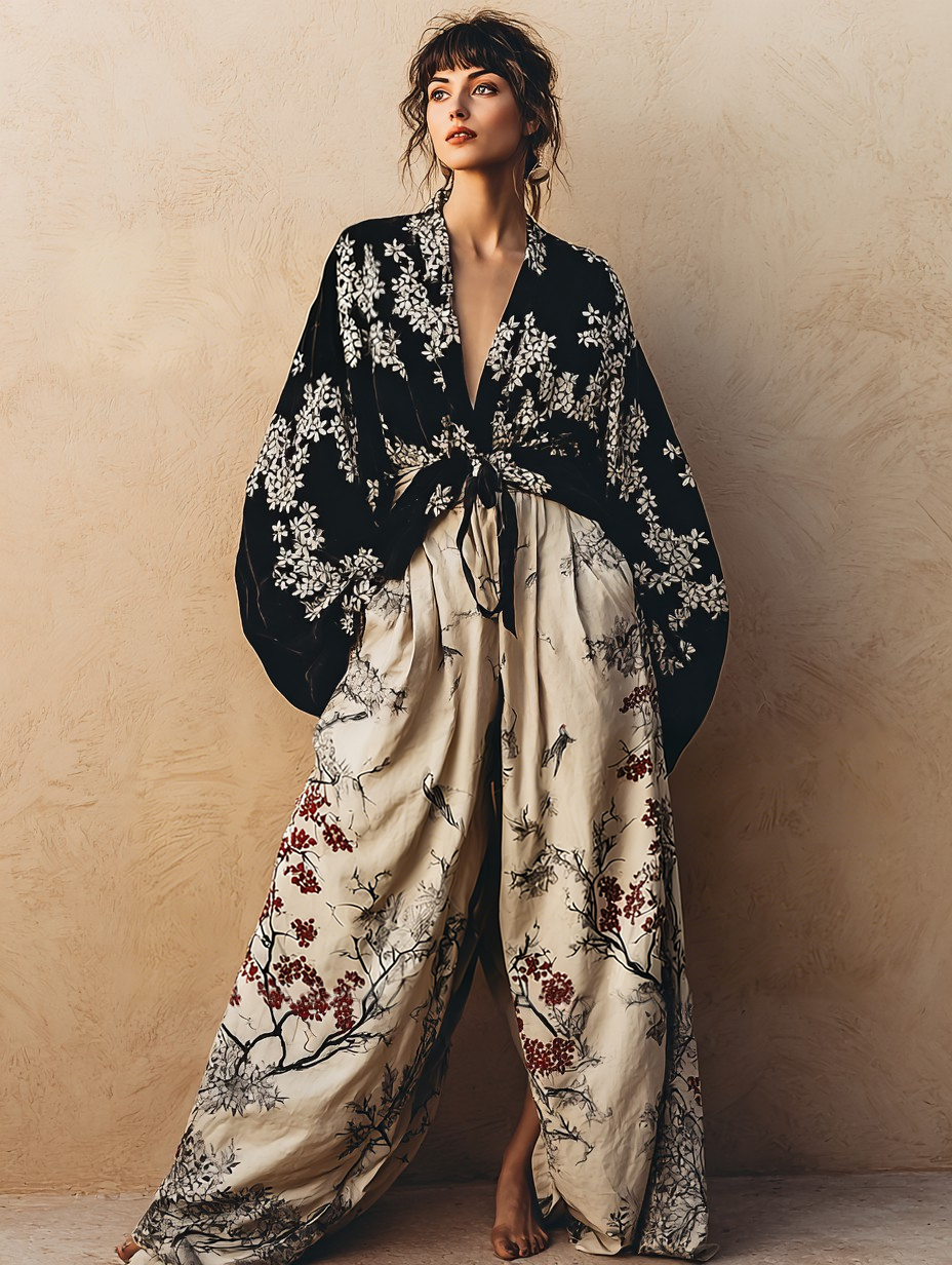 Women's Elegant And Elegant Loose Black Kimono Top Loose Pants Set