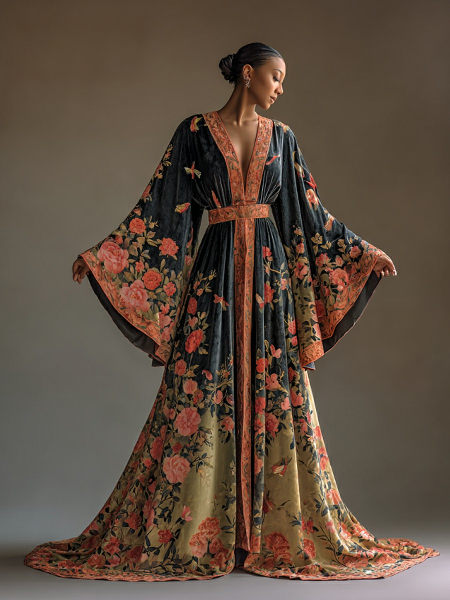 Elegant autumn/winter vintage floral style velvet robe (with belt)