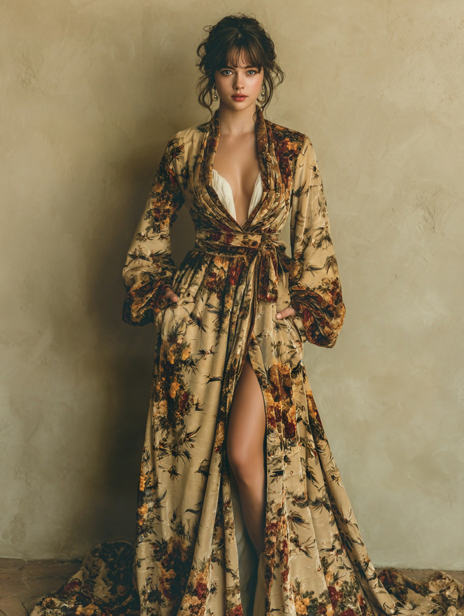 Women's Elegant Vintage Floral Art Print Robe