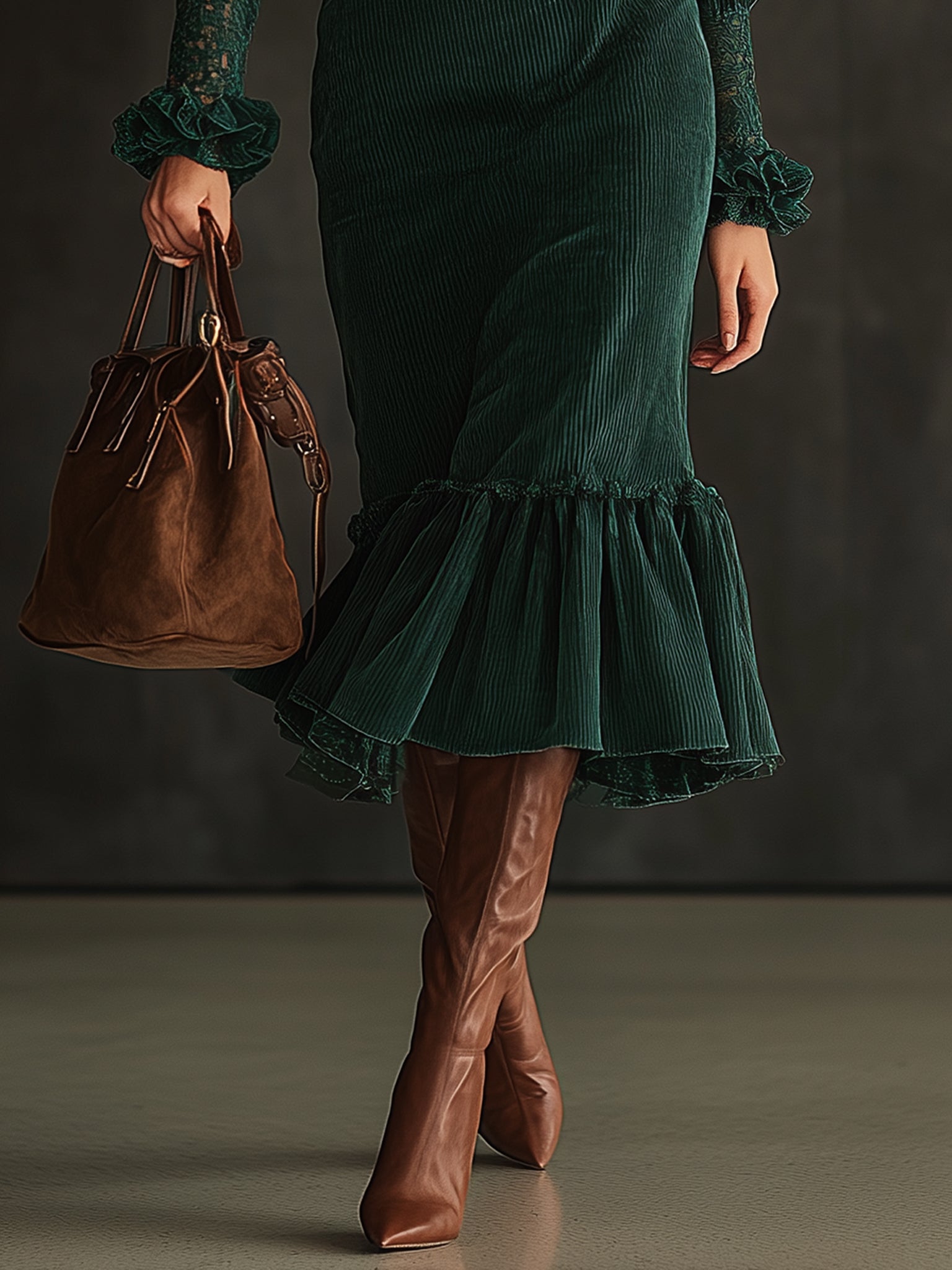 Green Corduroy Lace Trimmed Belted Midi Dress