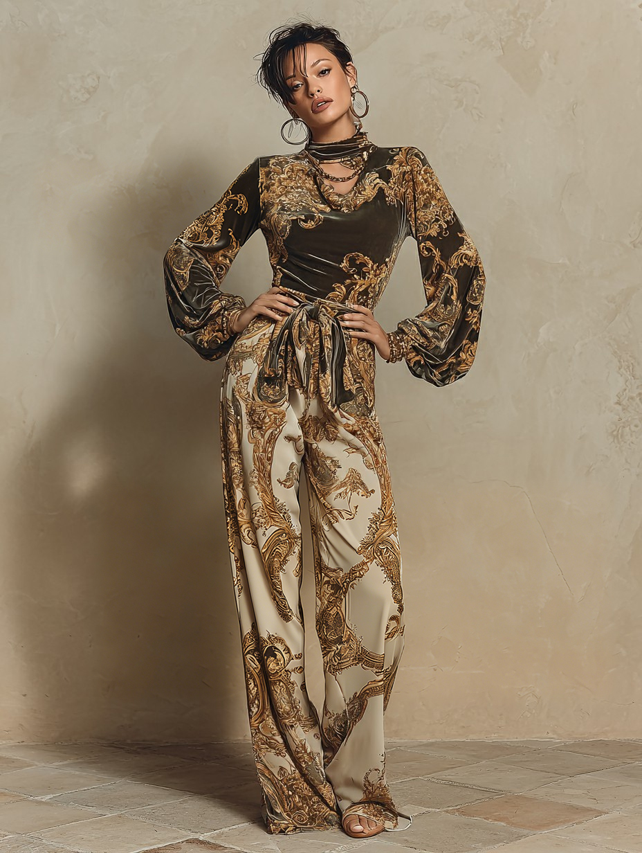 Women's Vintage Baroque Floral Print Lounge Set - Cottagecore Two Piece Outfit, High Waist Pants and Blouse, Romantic Lace Trim Loungewear, Elegant Pajama Set, Gift for Her