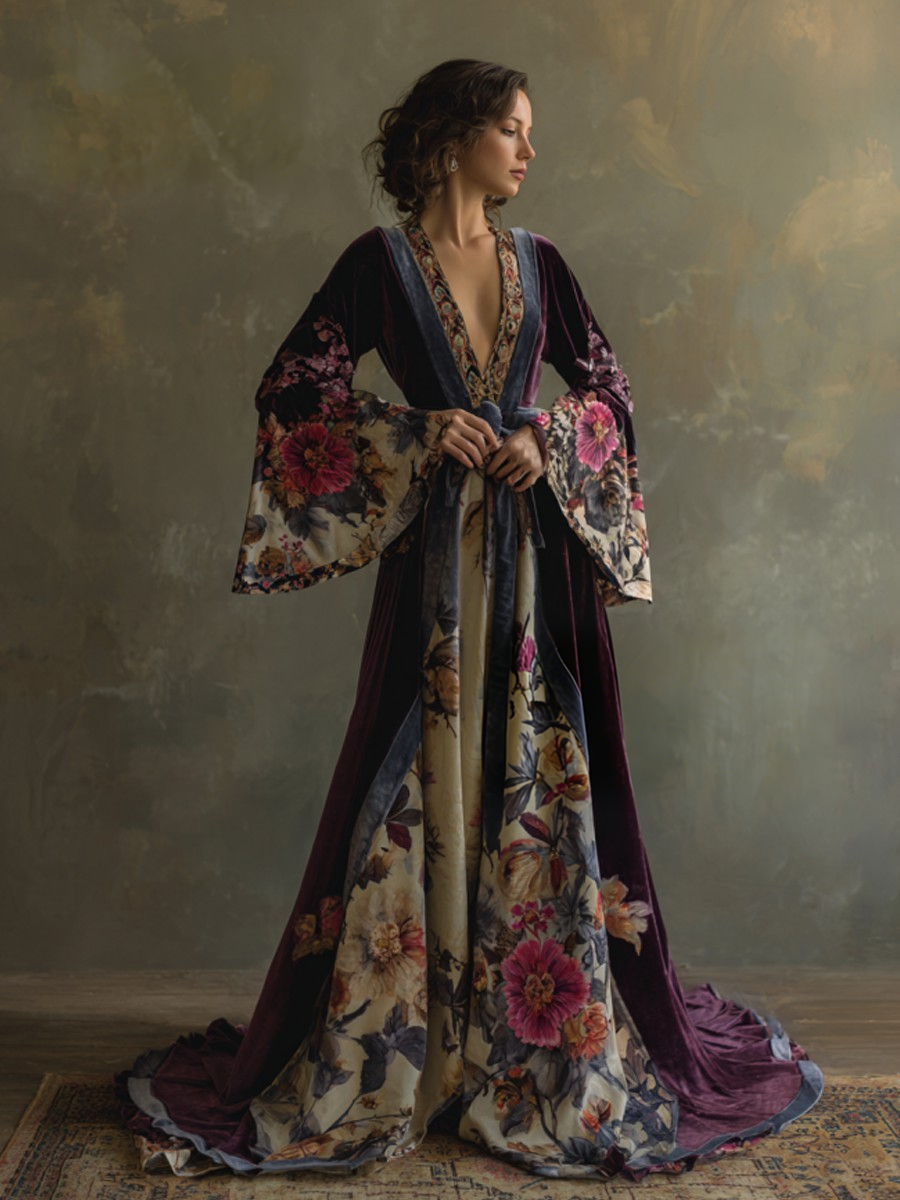 Elegant autumn/winter vintage floral style velvet robe (with belt)