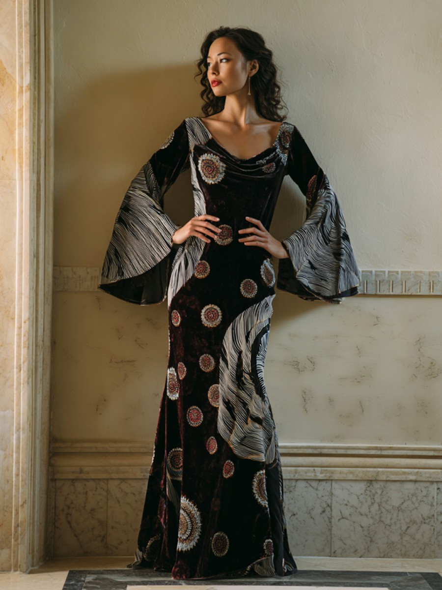 Artistic women's velvet V-neck bell sleeve dress