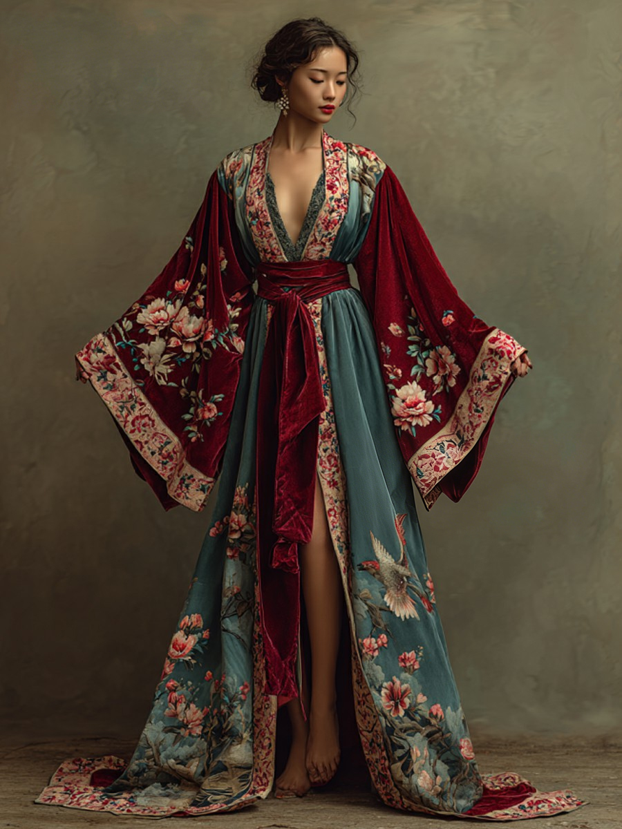 Elegant autumn/winter vintage floral style velvet robe (with belt)