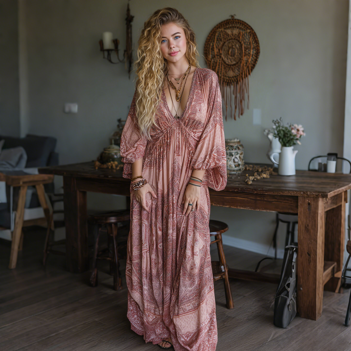 Elegant Paisley Print Long Sleeve Maxi Dress