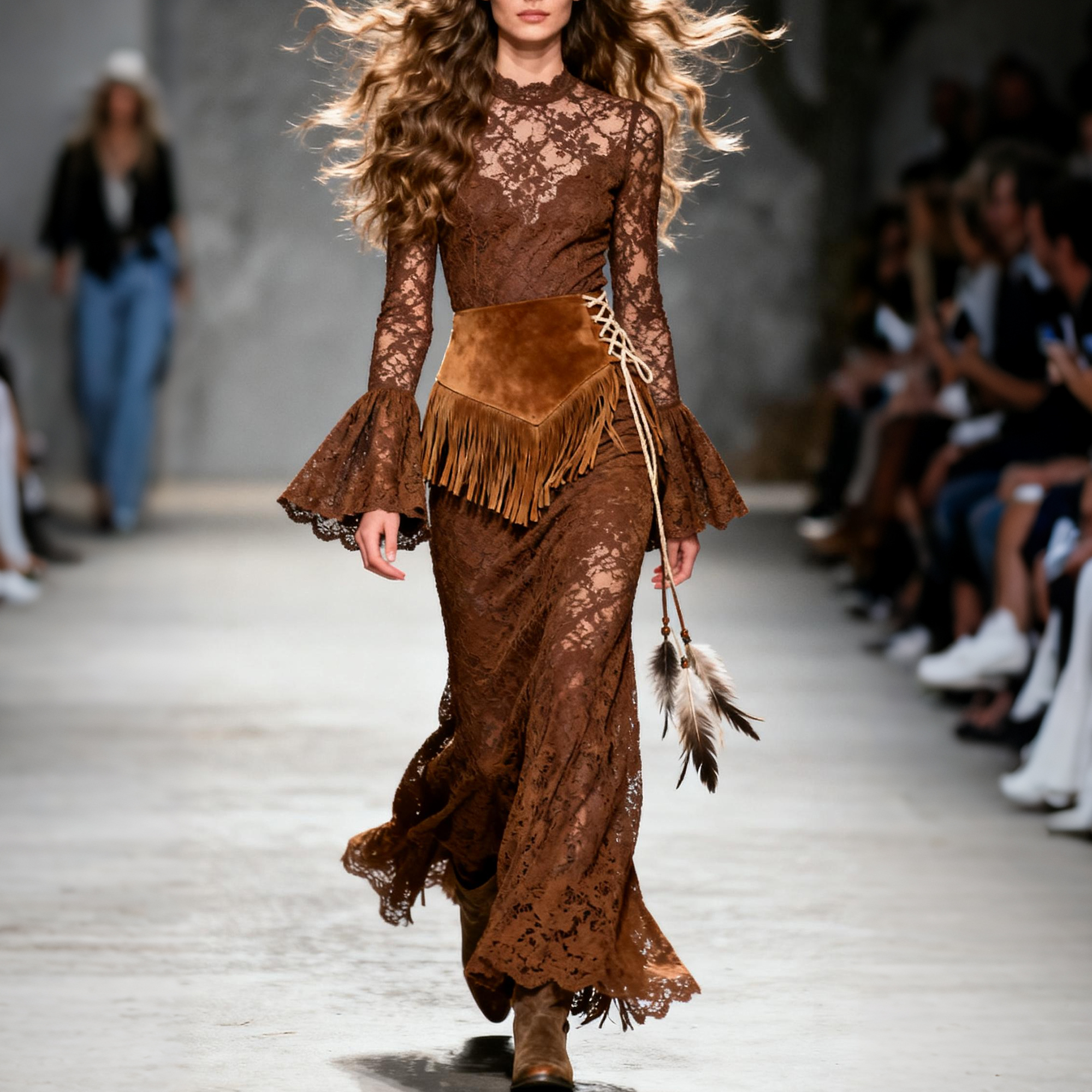 Women's Retro High Neck Trumpet Sleeve Long Lace Dress