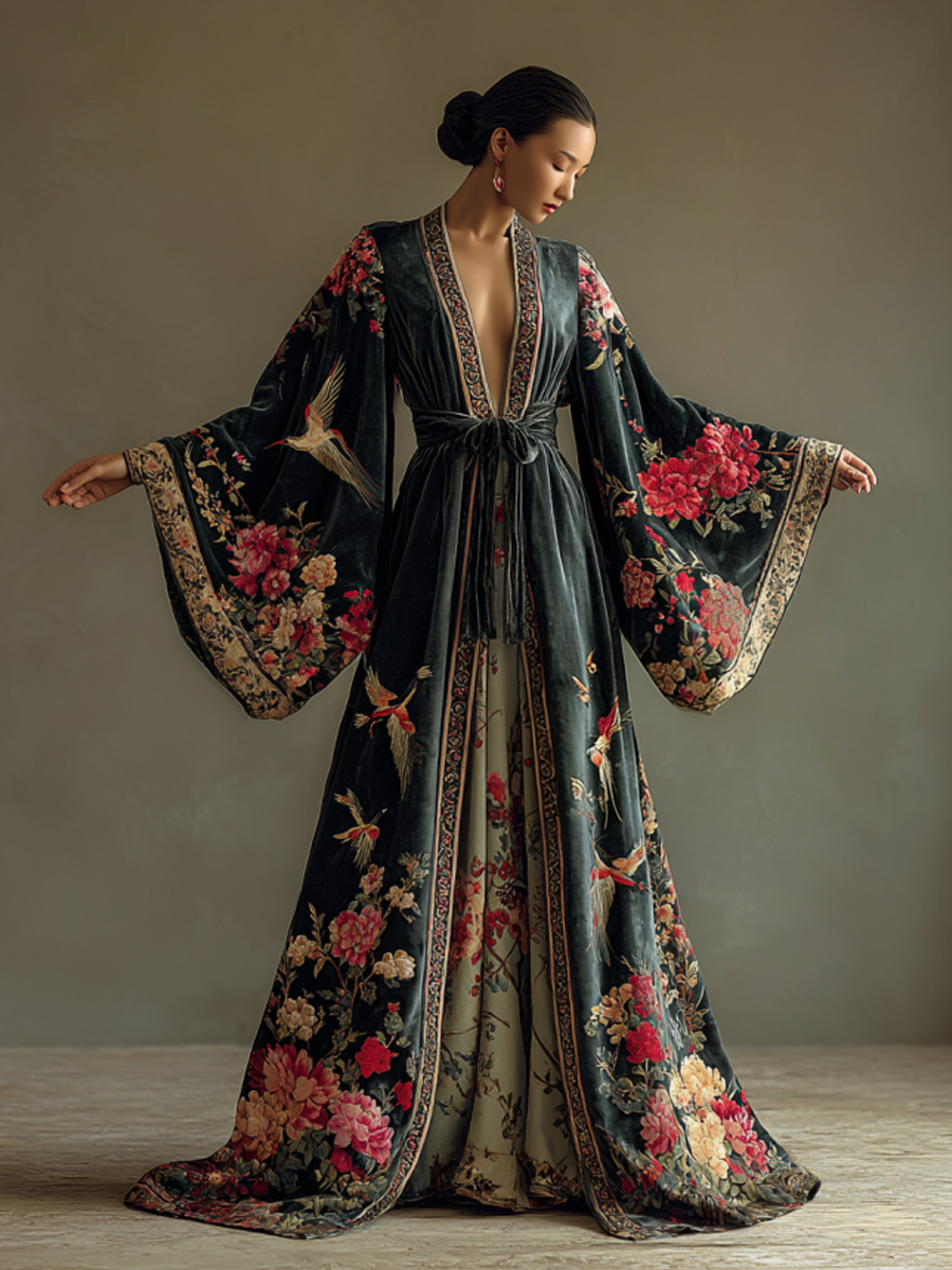 Elegant autumn/winter vintage floral style velvet robe (with belt)
