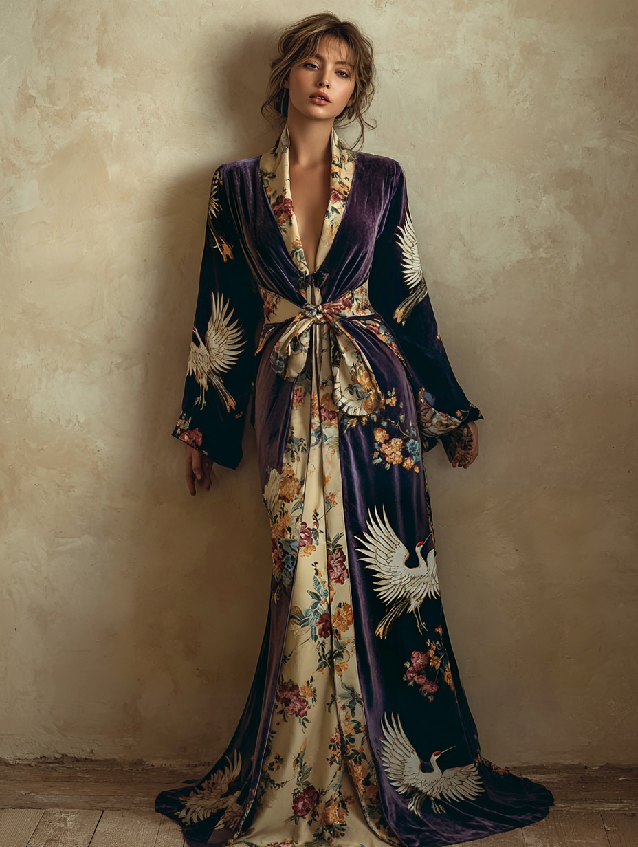 Women's Elegant Vintage Crane Art Print Pruplr Robe