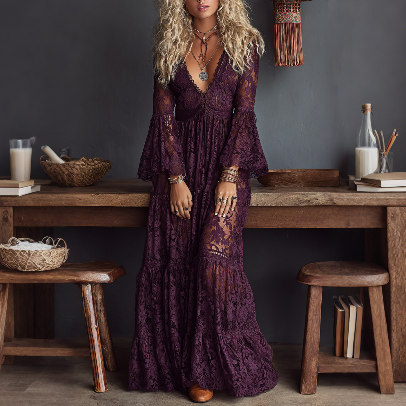Elegant V-neck High Waist Lace Flared Long Sleeve Dress