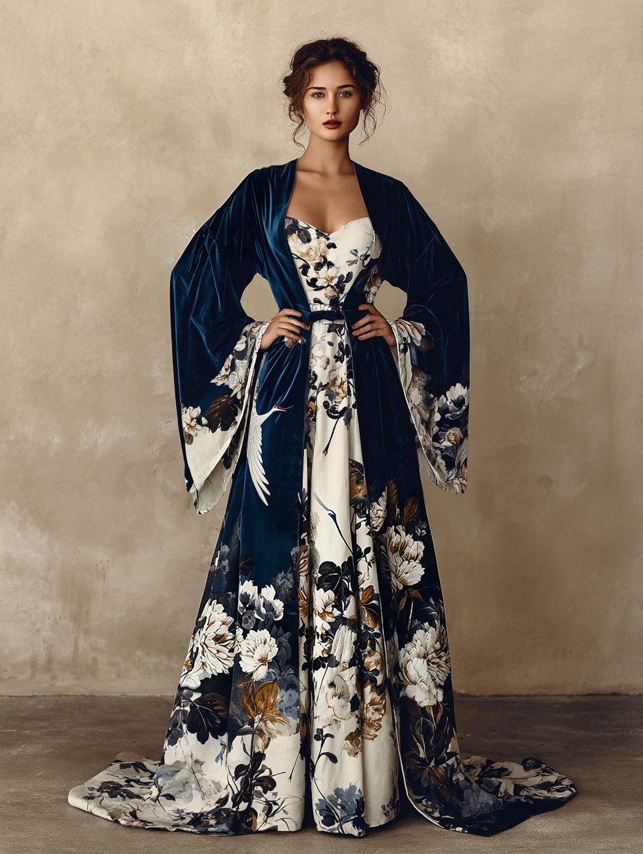 Women's Elegant Vintage Crane Art Print Robe