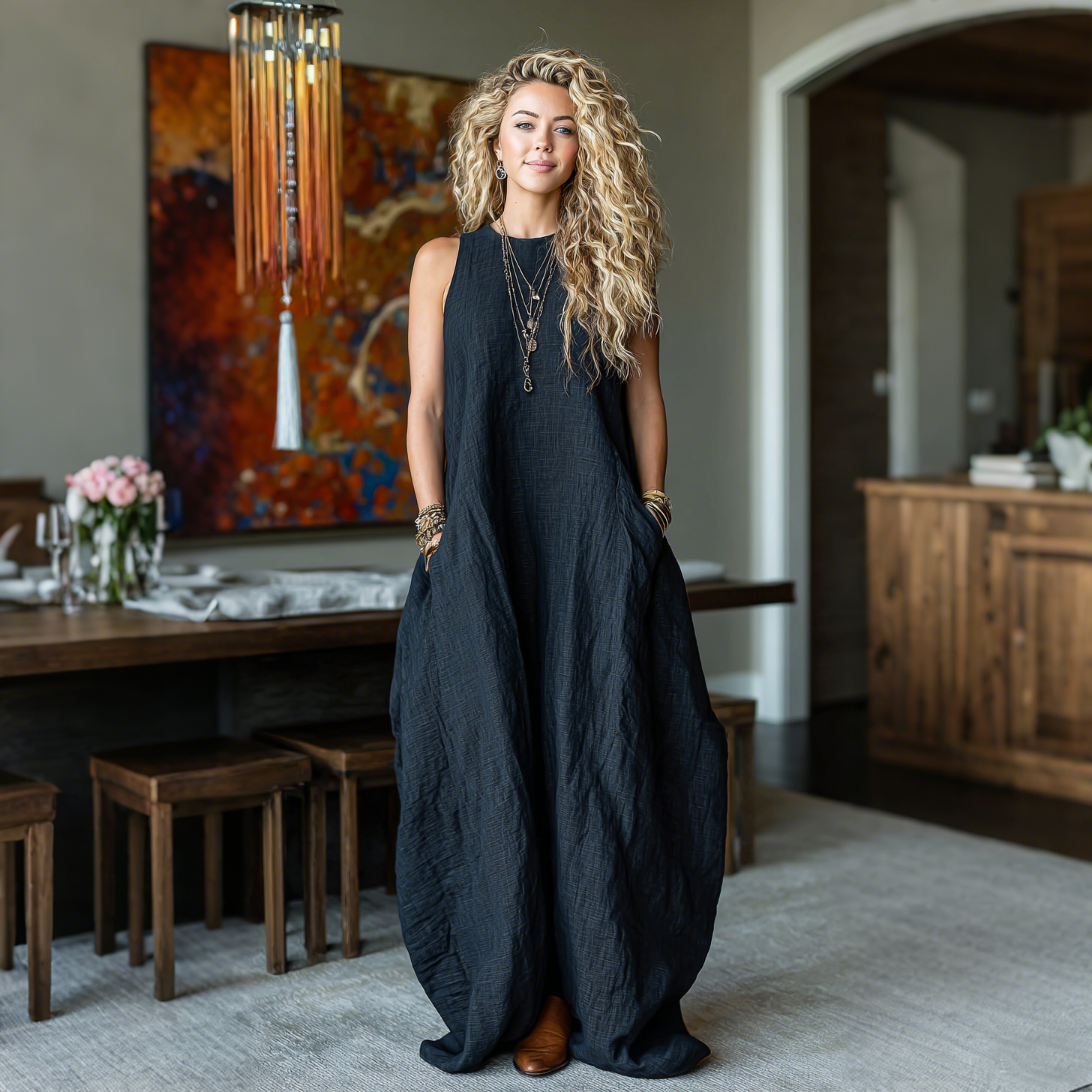 Retro Casual Loose Cotton And Linen Suspender Long Skirt Fashionable Large Silhouette Suspender Dress Home Comfortable L