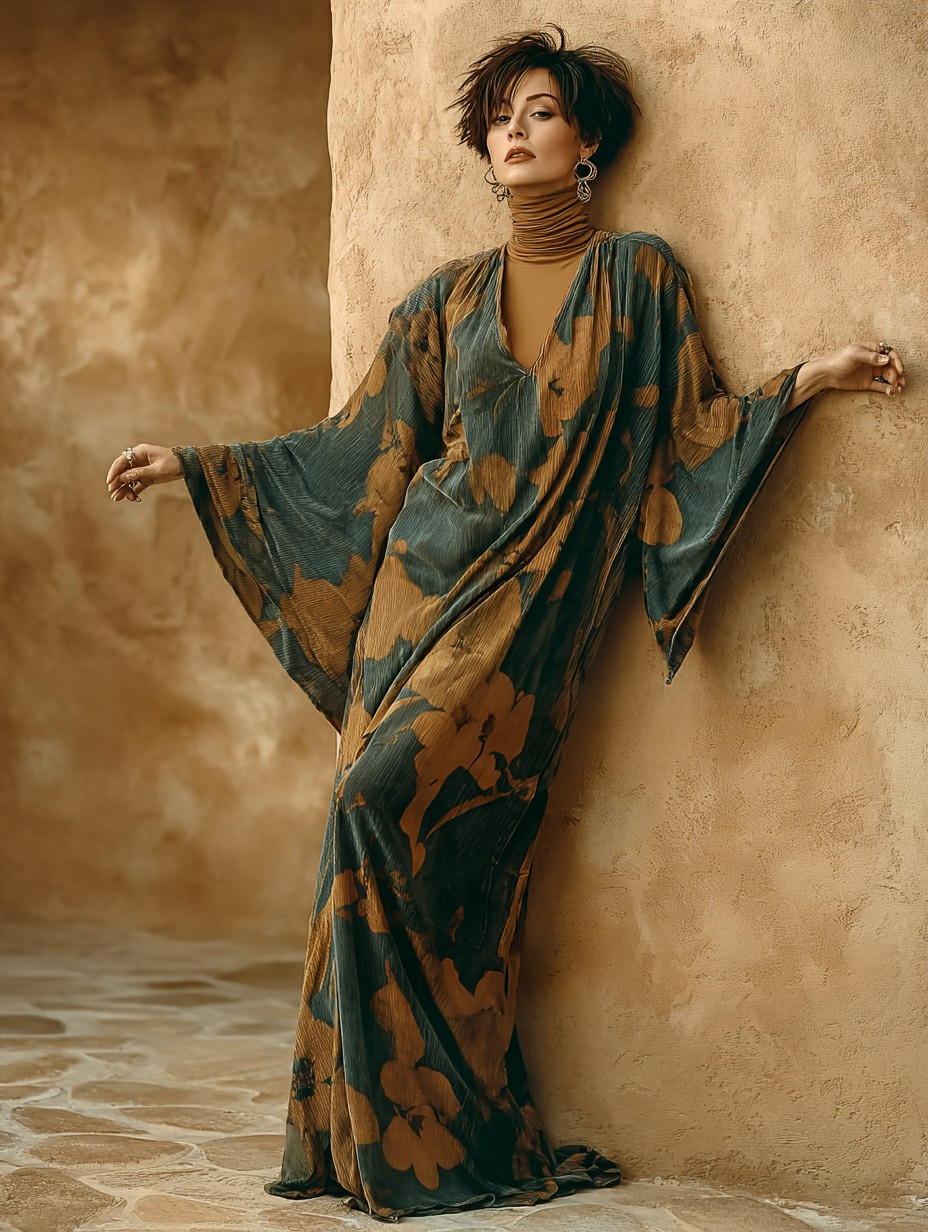 Women's Elegant Retro Green Fresh Print Kaftan