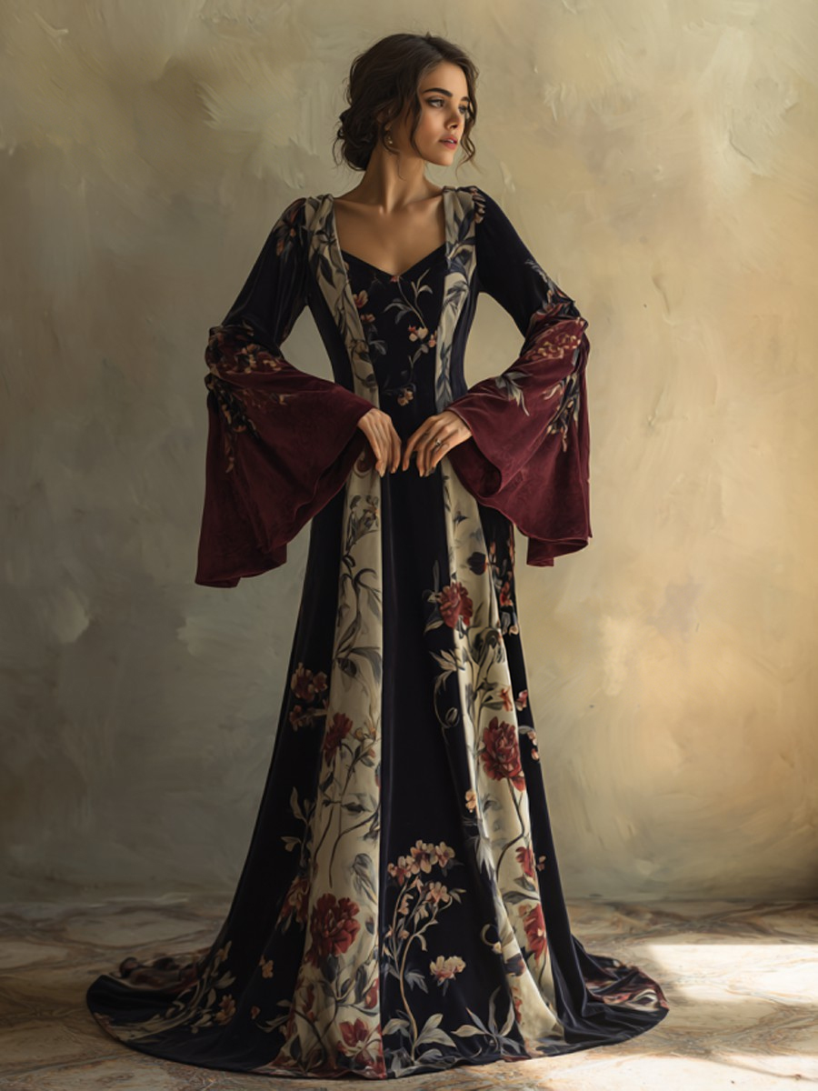 Artistic women's velvet V-neck bell sleeve dress