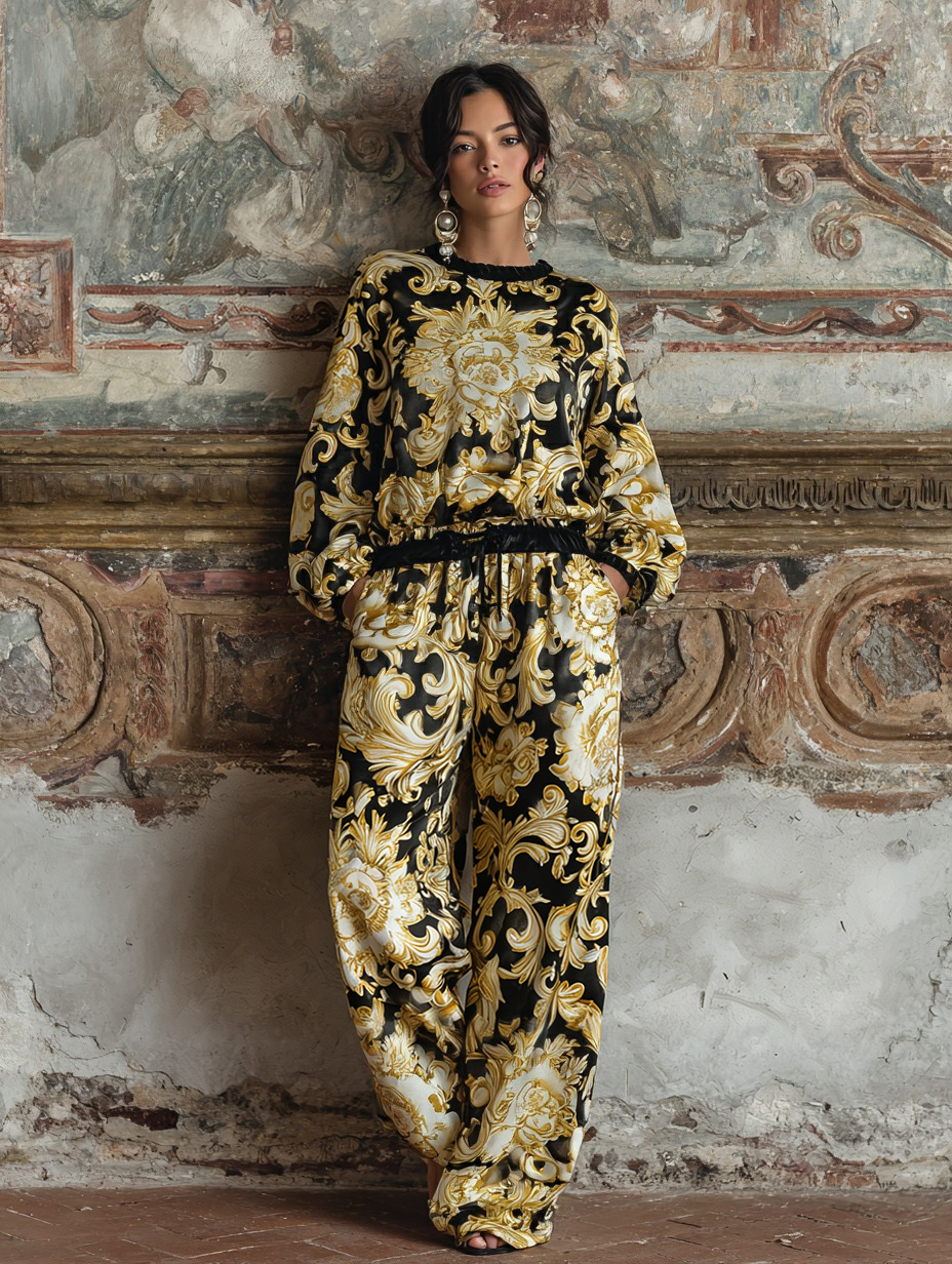 Women's Resort Baroque Print Lounge Set - Long Sleeve Top and Pants Set, Vacation Matching Outfit, Boho Chic Palazzo Pants with Blouse, Elegant Two Piece Pajama Set