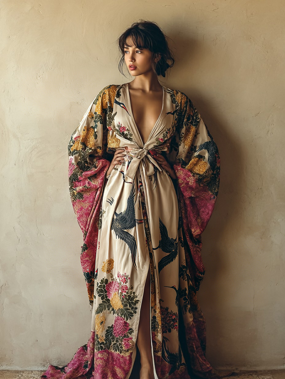 Women's Elegant Vintage Crane Art Print Robe