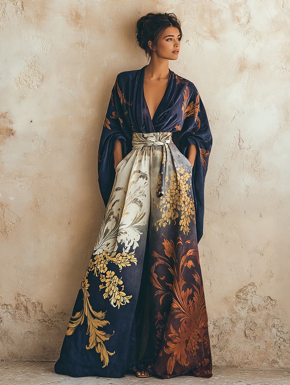 Women's Vintage Pastoral Baroque Print Top Pants Set